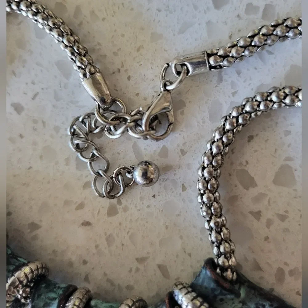 Boho Statement Necklace – Textured Teal Fan Blades + Silver Bead Chain